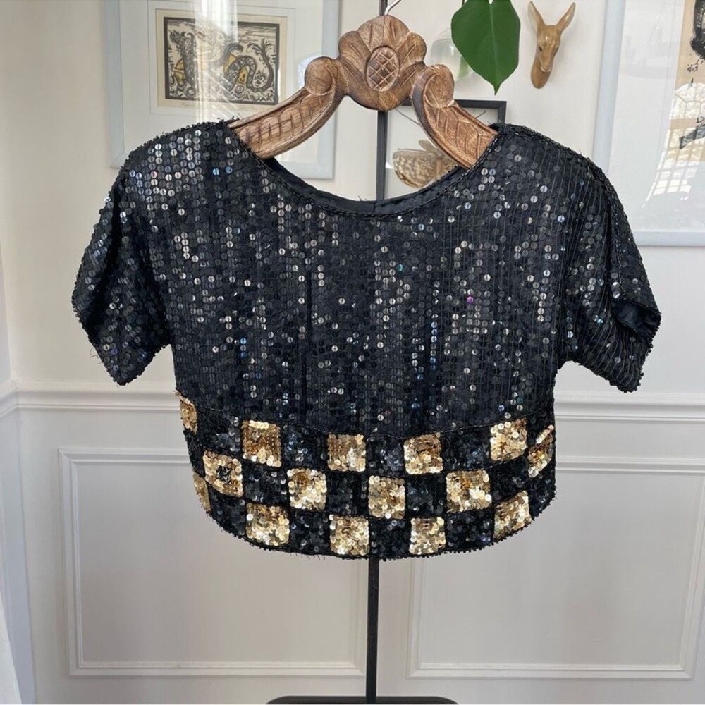 Vintage checkered Sequins Crop Top Black +Gold